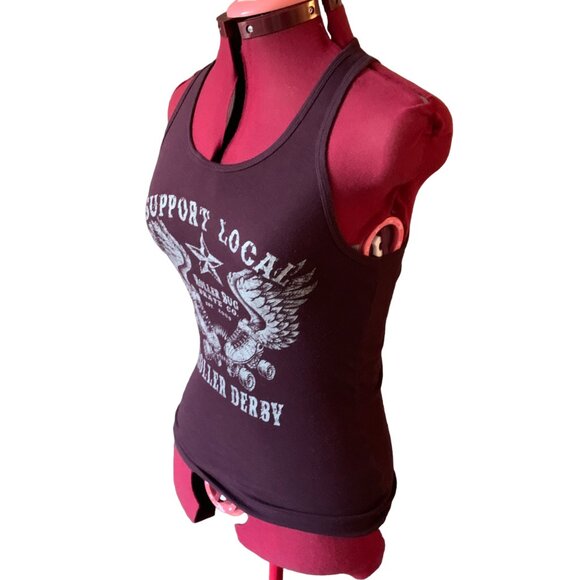 VINTAGE - Burgundy fitted tank top - Roller derby Support Local  - small - Picture 3 of 7